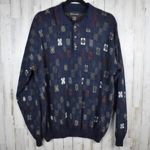 90s Vintage Sweater Men's Xlarge Tall XLT Blue Print Wool Blend Eclectic Grandpa